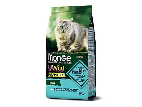 Корм Monge Cat BWild GRAIN FREE для взрослых кошек, треска с картофелем и чечевицей (1,5 кг)